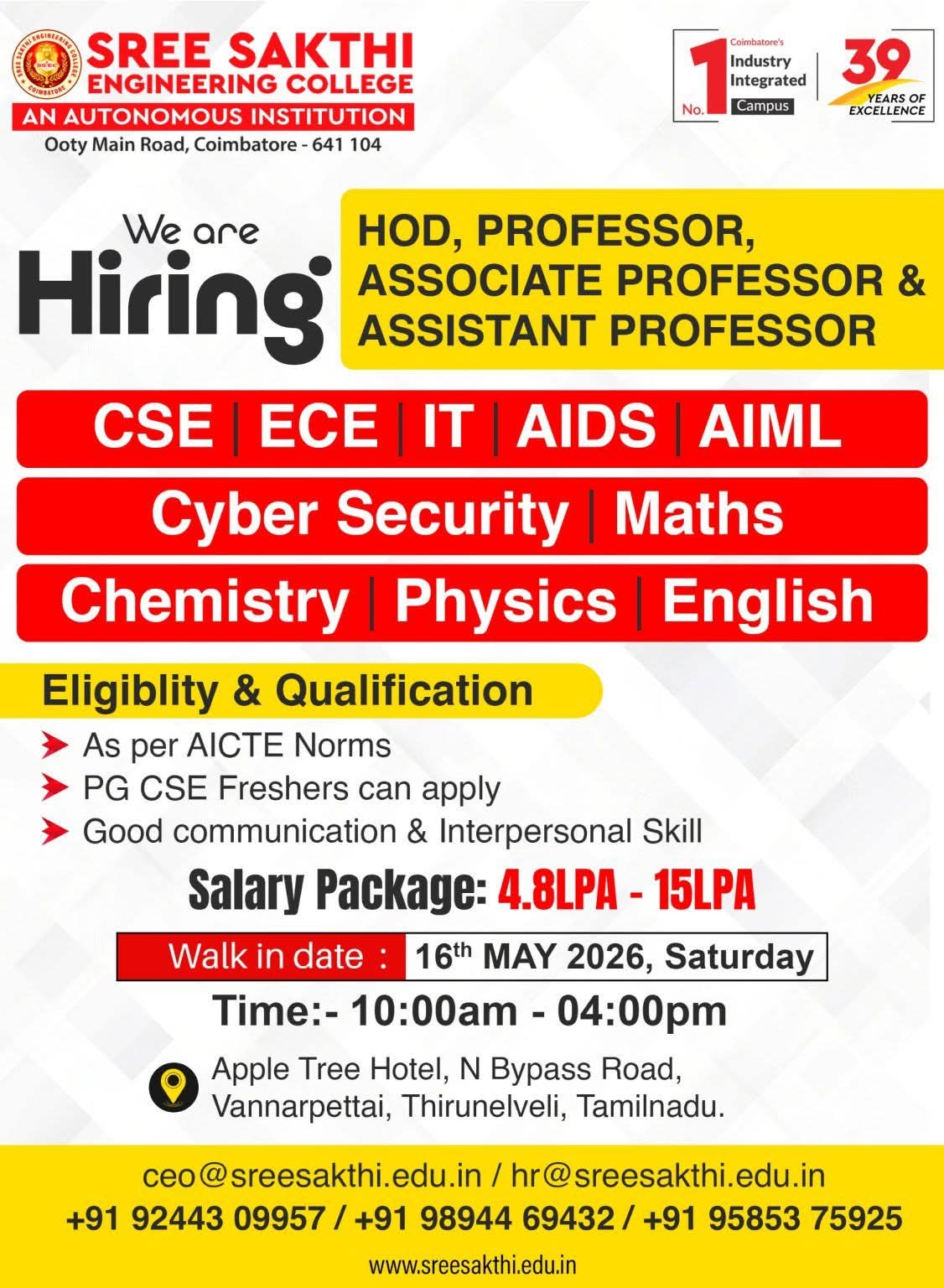 Hiring Multiple Faculty Roles at Sree Sakthi Engineering College