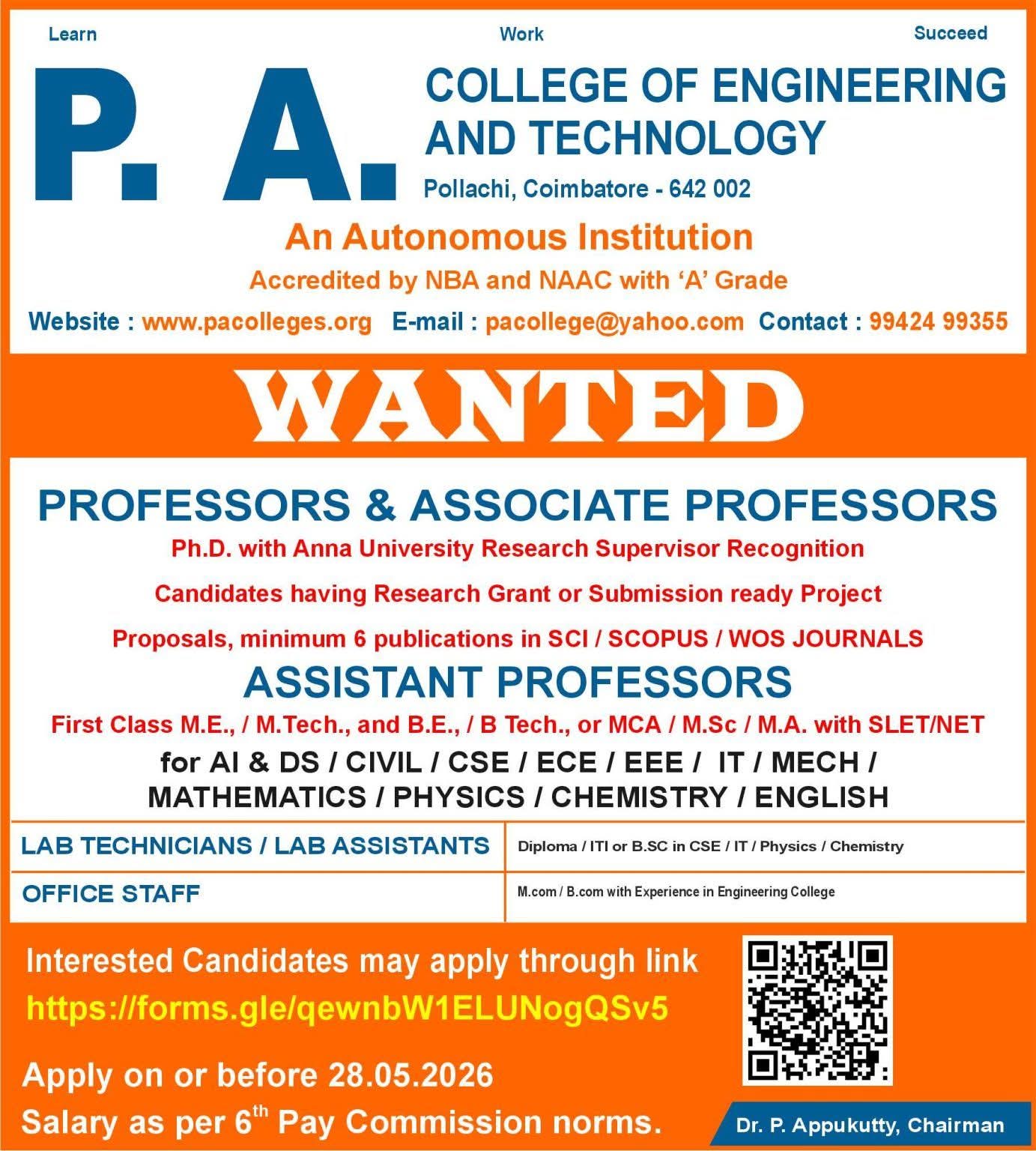 Hiring Multiple Faculty & Staff Roles at P.A. College of Engineering