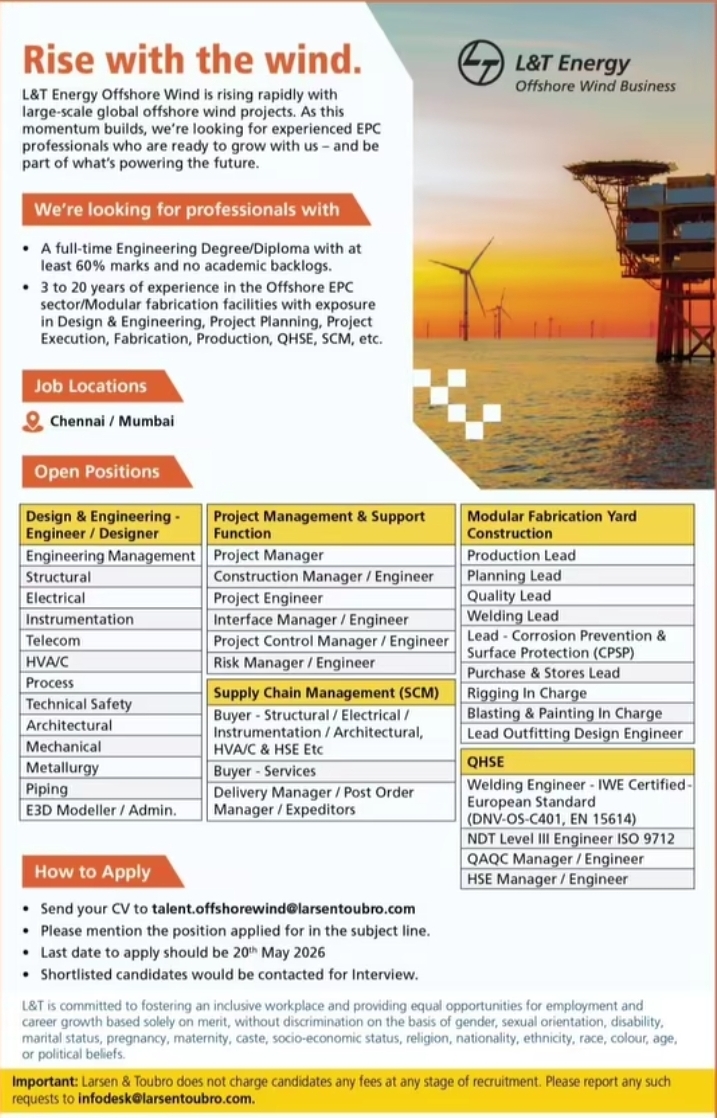 Hiring: Multiple Offshore Wind EPC Positions at L&T Energy
