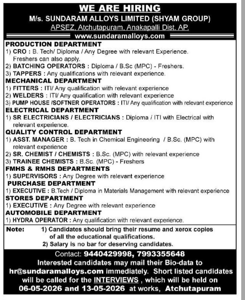 Hiring: Multiple Openings at Sundaram Alloys Limited