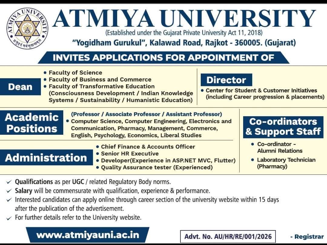 Hiring: Multiple Positions at Atmiya University