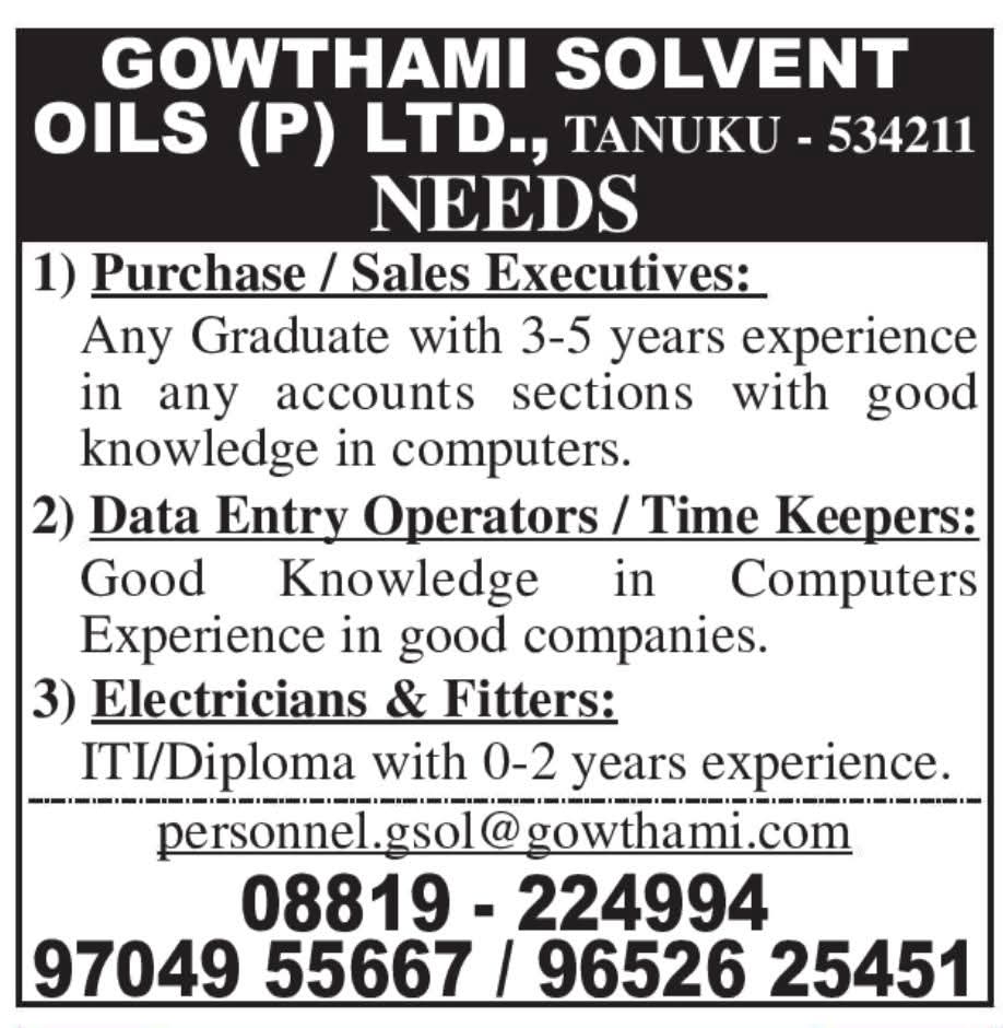 Hiring: Multiple Positions at Gowthami Solvent Oils (P) Ltd.