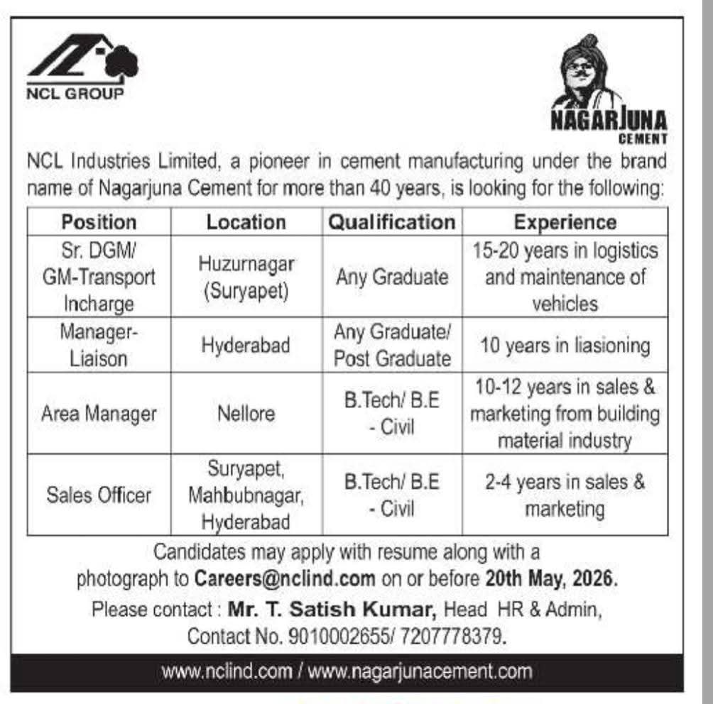 Hiring: Multiple Positions at NCL Industries Limited