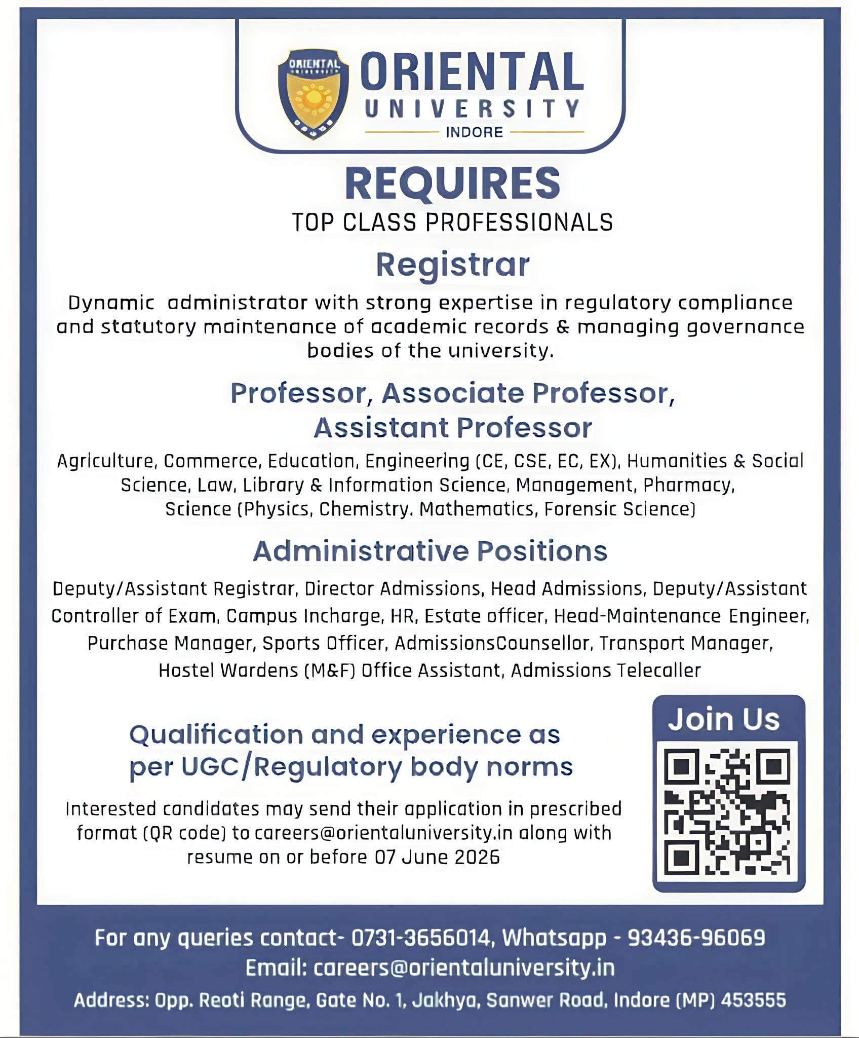 Hiring: Multiple Positions at Oriental University, Indore
