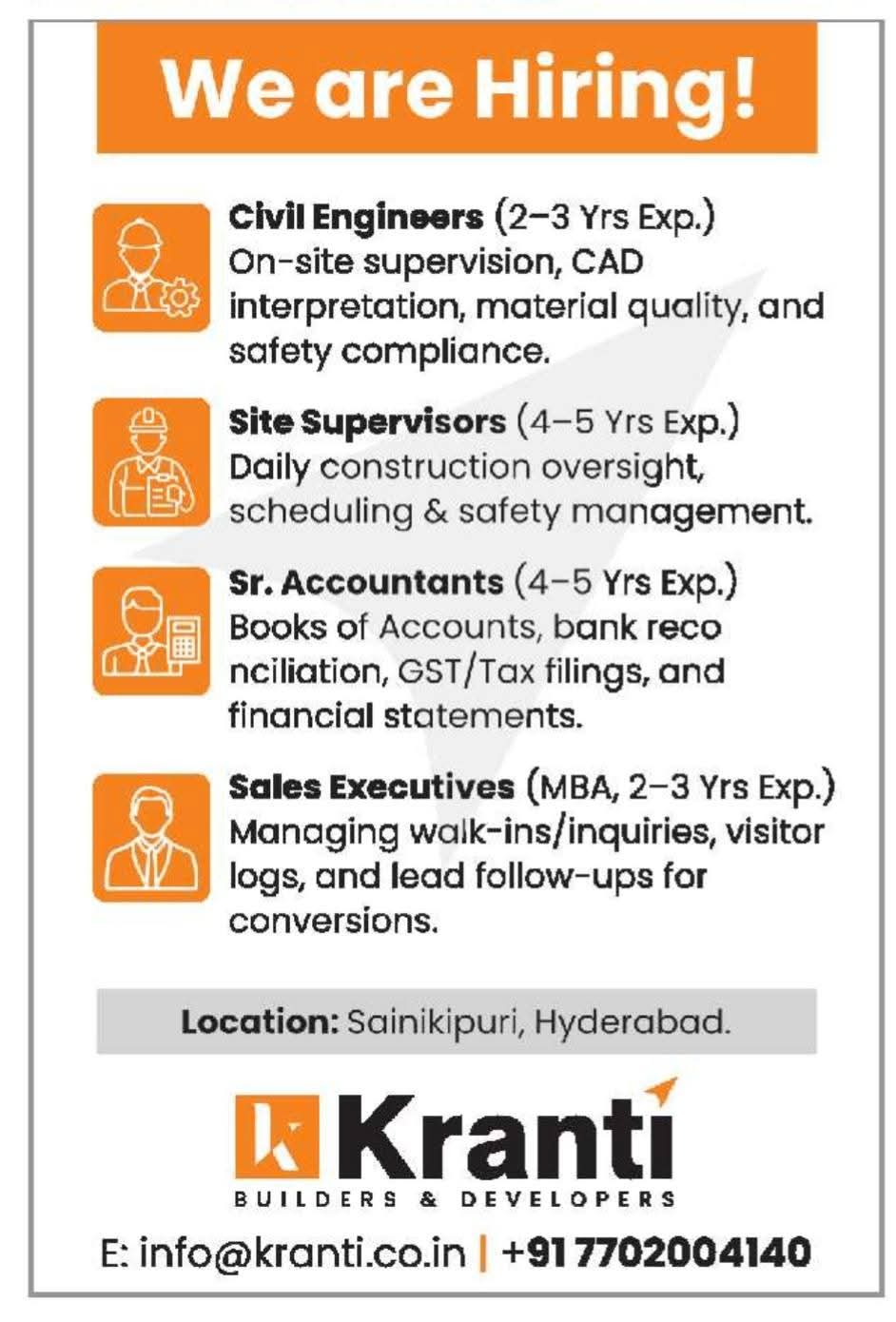 Hiring: Multiple Roles at Kranti Builders & Developers