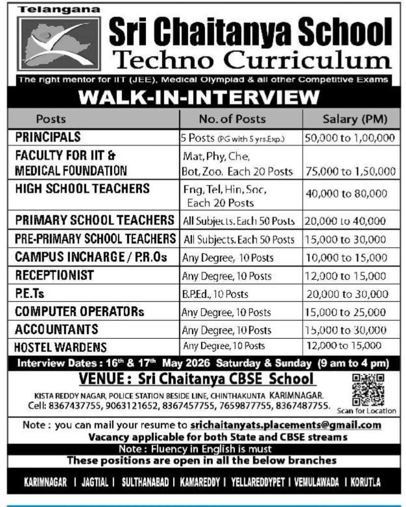 Hiring: Multiple Roles at Sri Chaitanya School