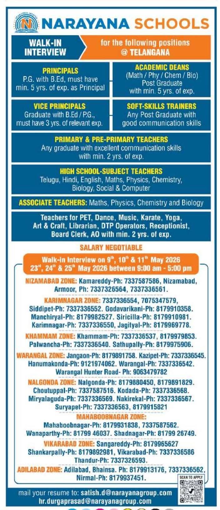 Hiring: Multiple Staff Positions at Narayana Schools