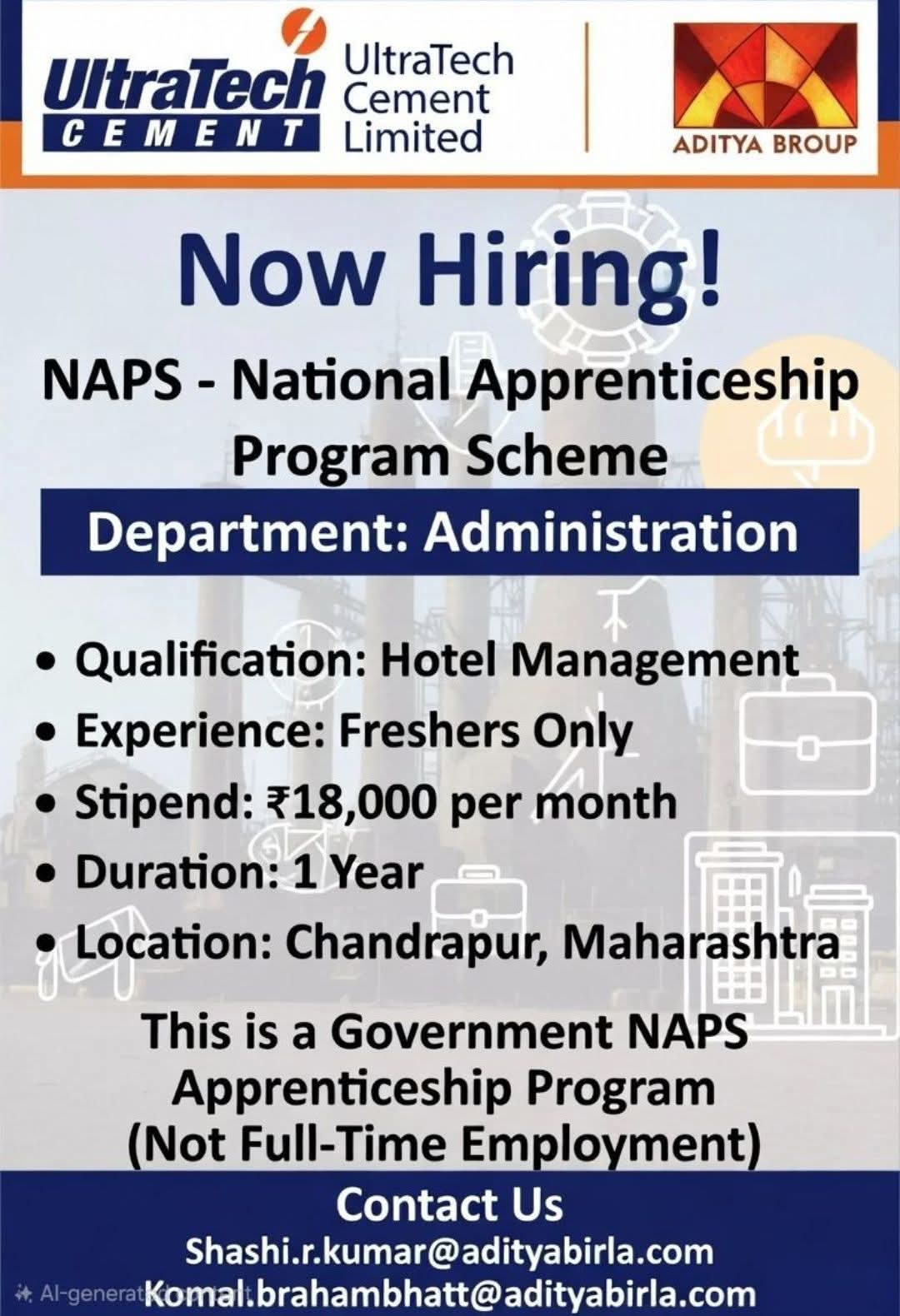Hiring: NAPS Admin Apprentice at UltraTech Cement