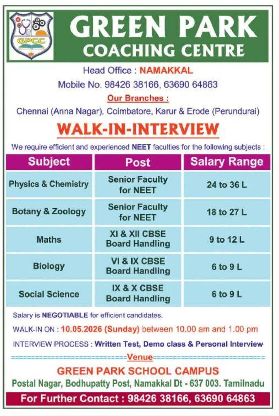 Hiring NEET and CBSE Faculty at Green Park Coaching Centre