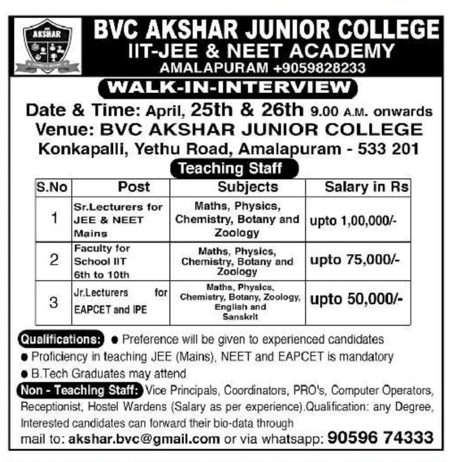 Hiring: Lecturers & Support Staff for BVC Akshar Junior College
