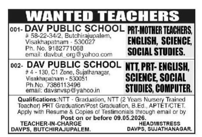 Hiring NTT & PRT Teachers at DAV Public School