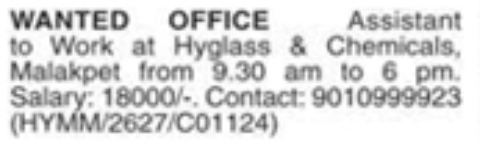 Hiring  Office Assistant at Hyglass & Chemicals