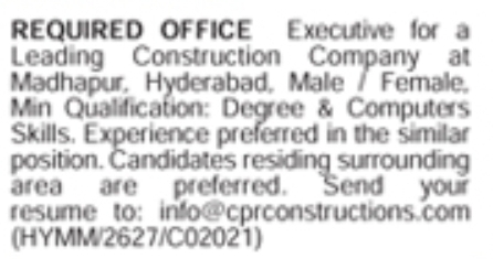 Hiring Office Executive for CPR Constructions