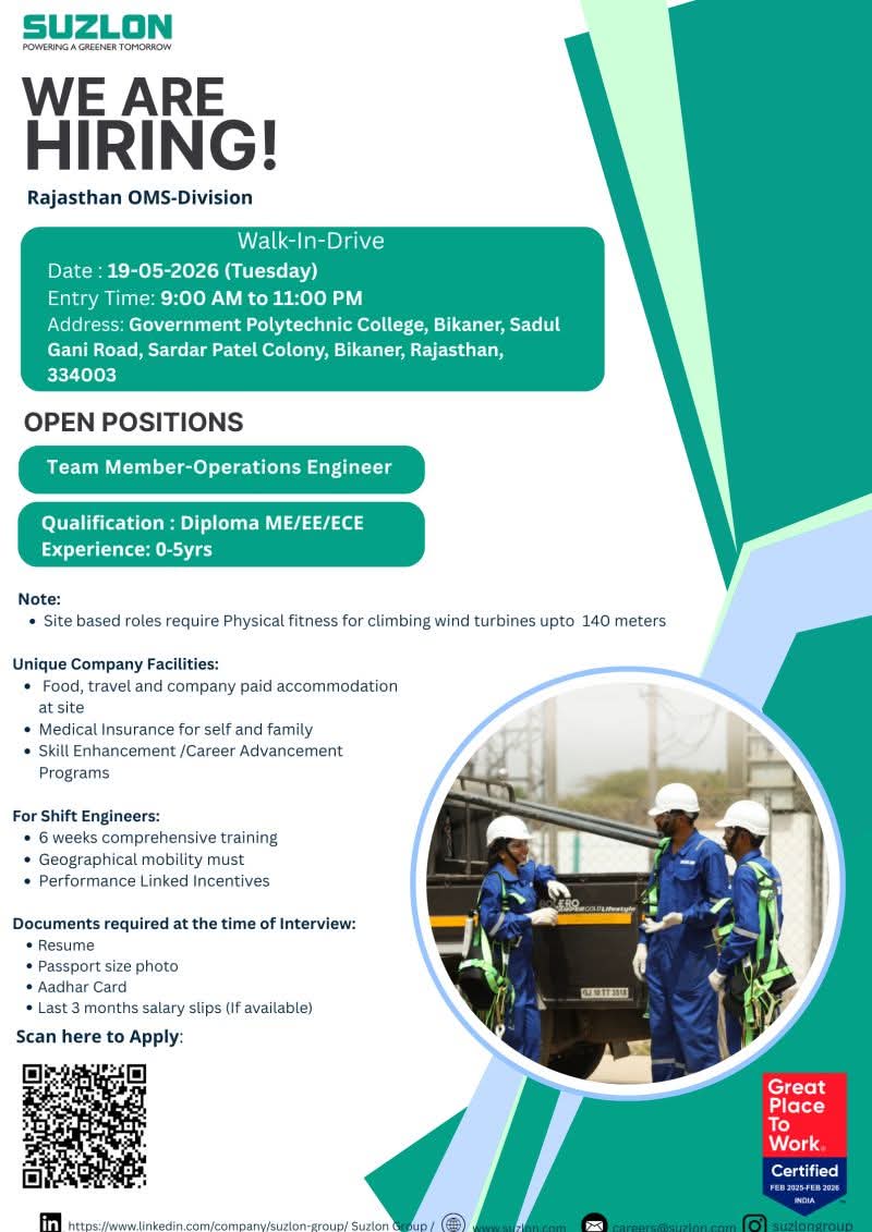 Hiring: Operations Engineer at Suzlon Energy