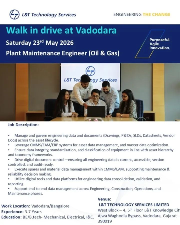 Hiring: Plant Maintenance Engineers at L&T