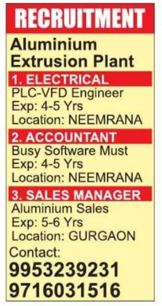 Hiring: PLC Engineers, Accountants & Sales Managers
