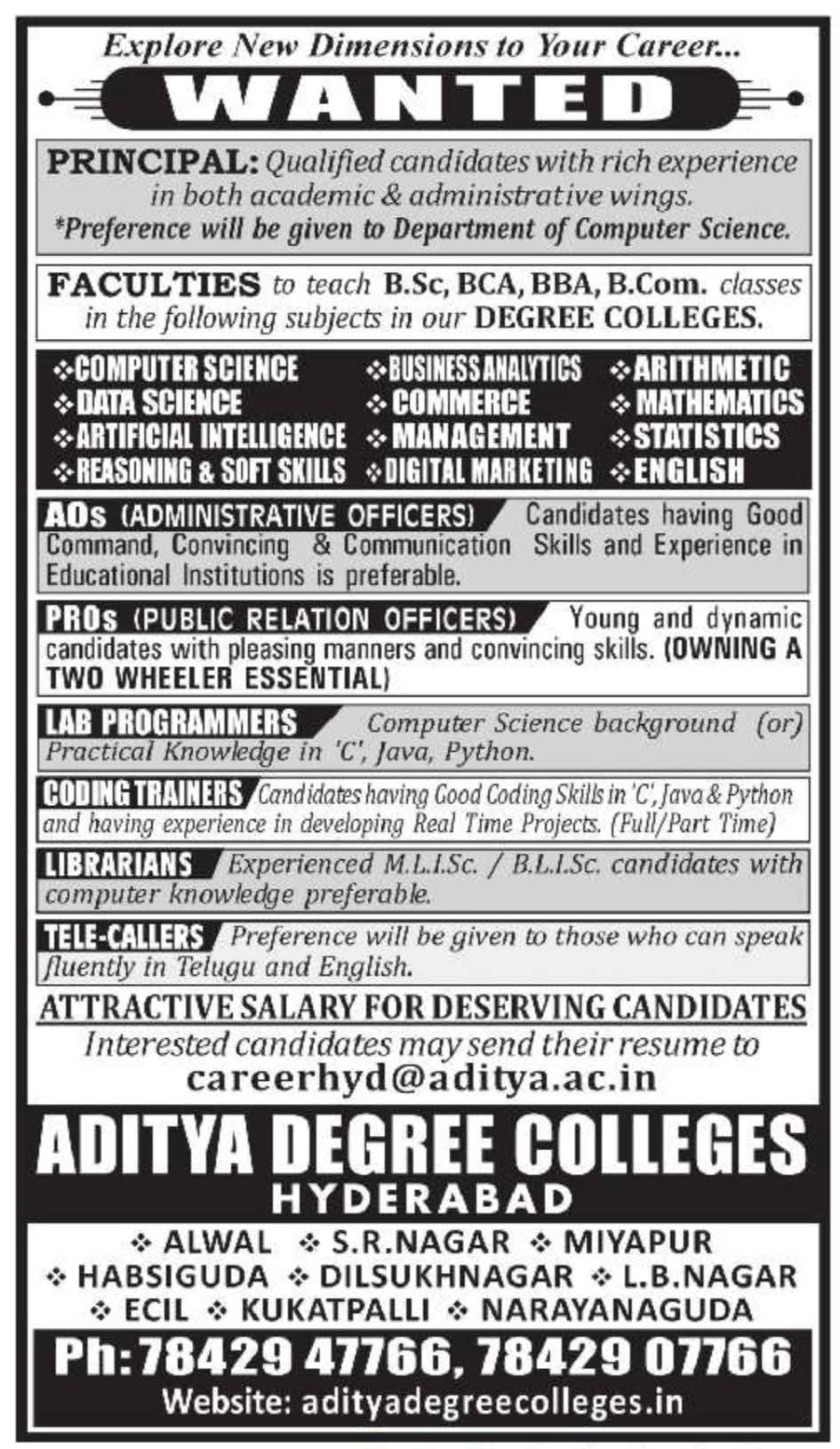 Hiring  Principal, Faculty, and Staff at Aditya Degree Colleges
