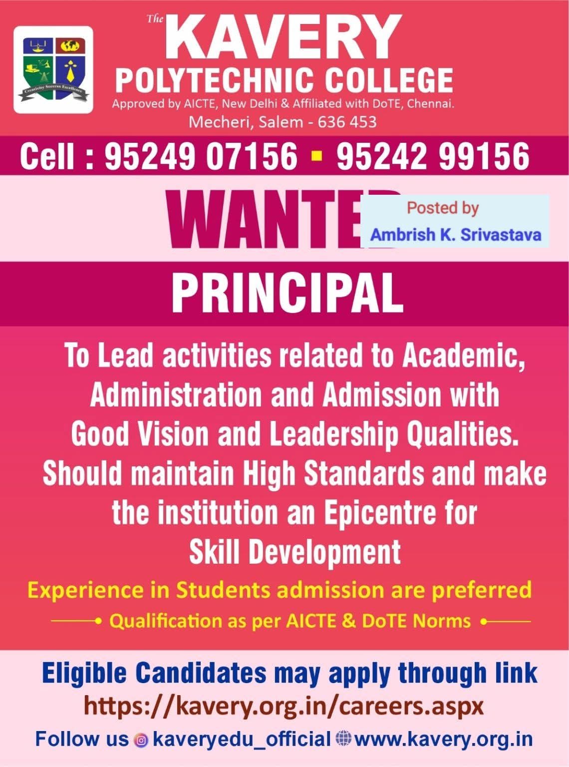 Hiring: Principal for The Kavery Polytechnic College