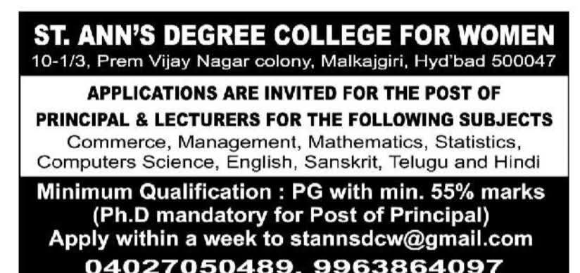 Hiring  Principal & Lecturers At St. Ann's Degree College for Women