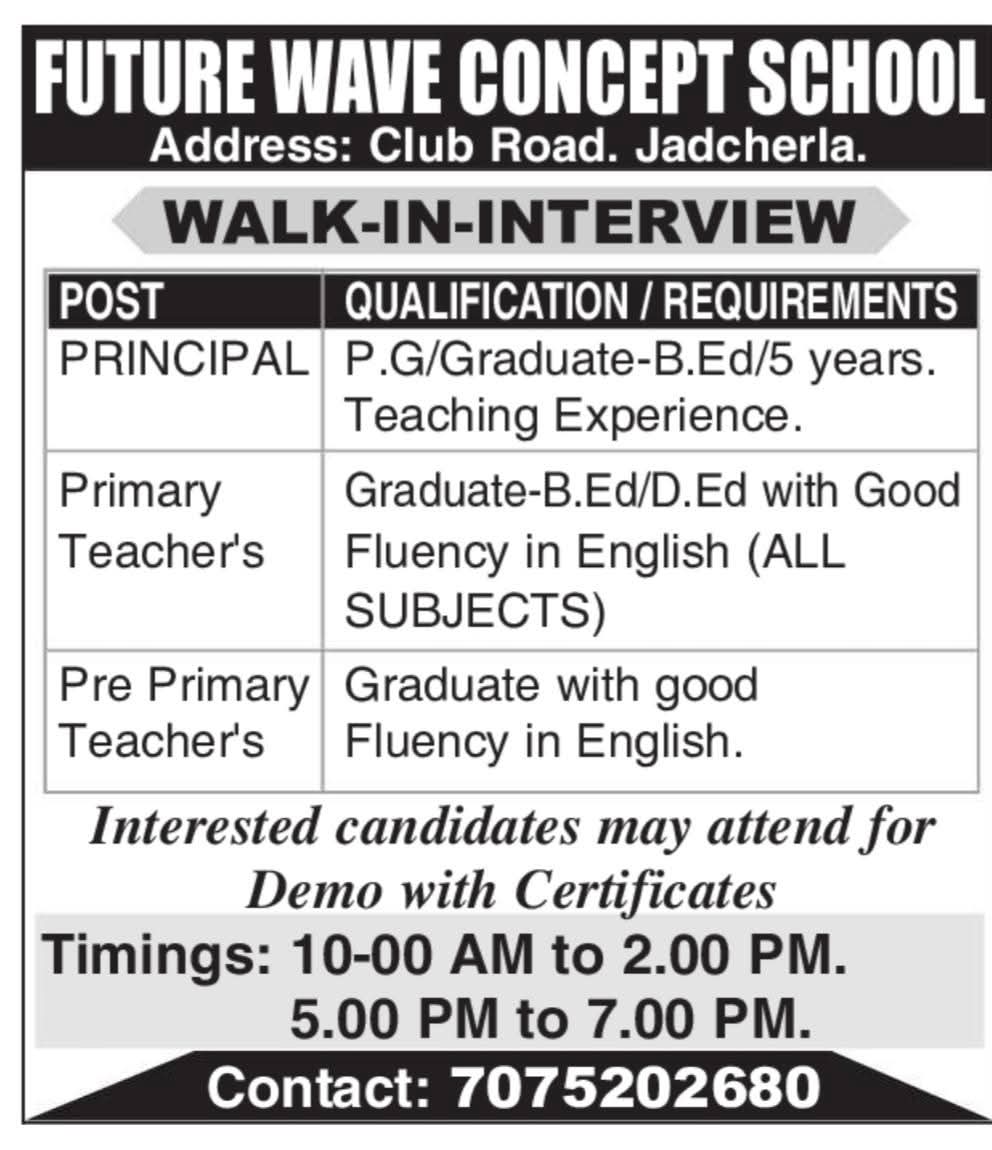 Hiring Principal & Teachers at Future Wave Concept School