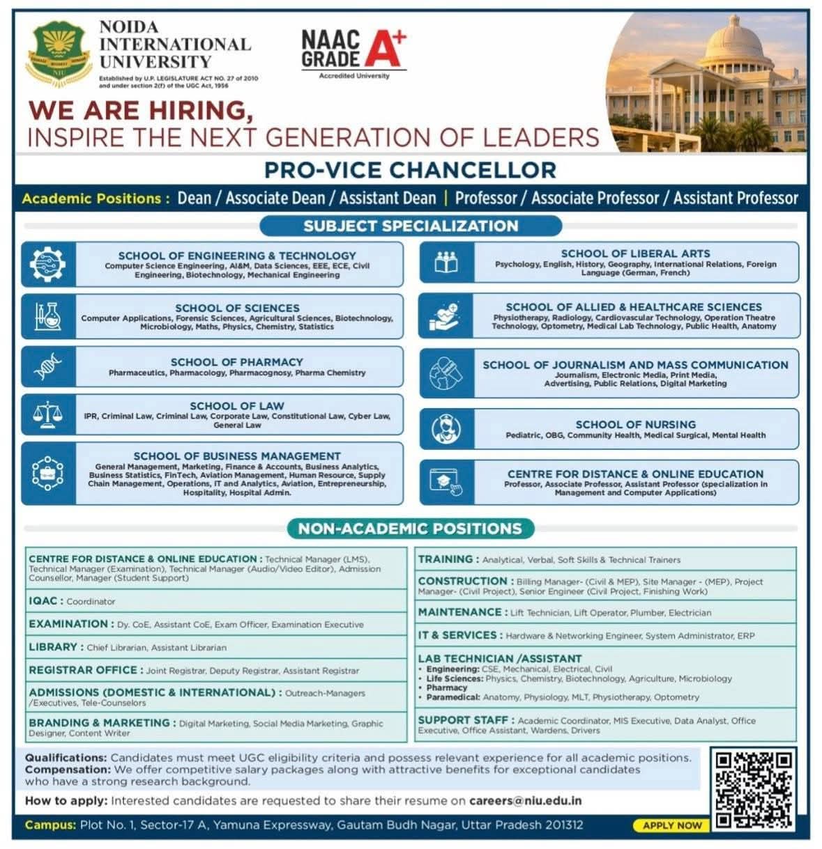 Hiring Pro-Vice Chancellor, Faculty & Staff at Noida International University
