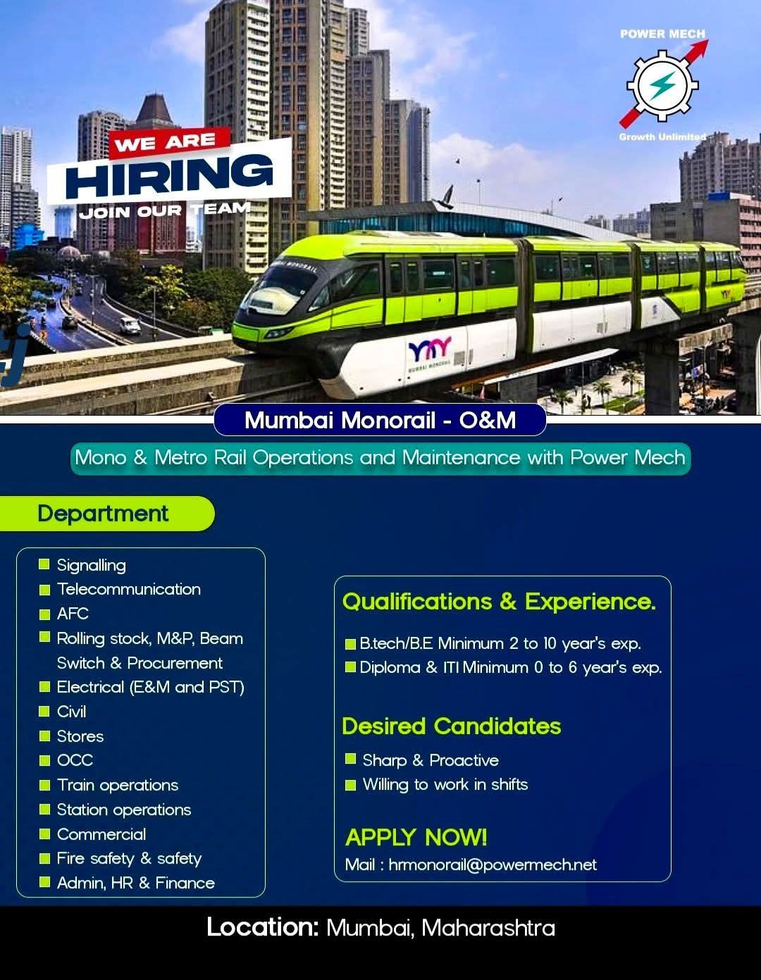 Hiring Professionals for Mumbai Monorail O&M Project