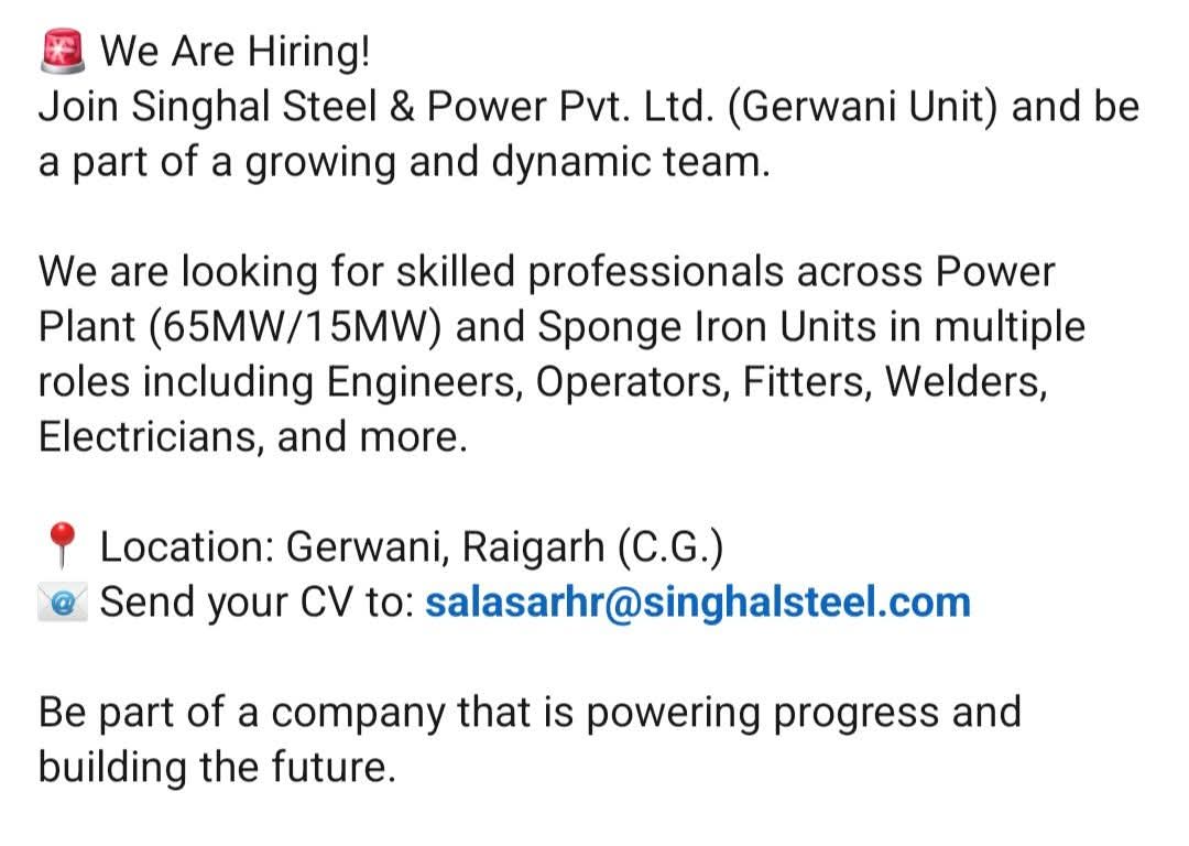 Hiring Professionals for Power Plant & Sponge Iron Units - Raigarh