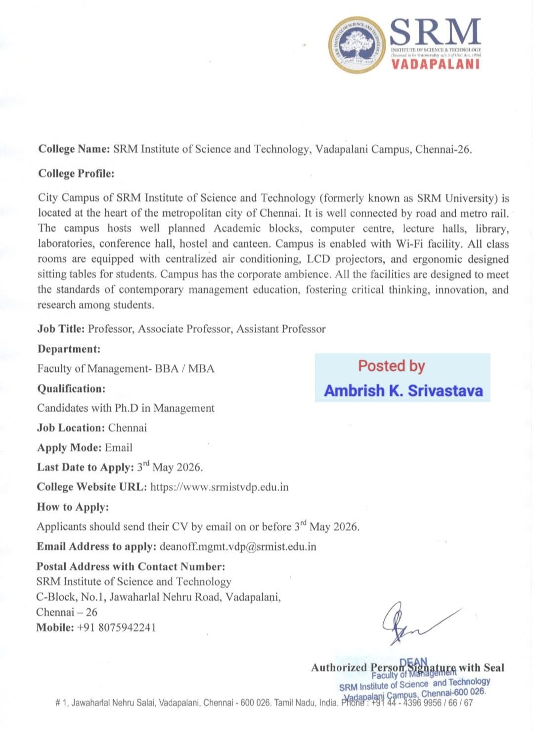 Hiring: Professor, Associate & Assistant Professor