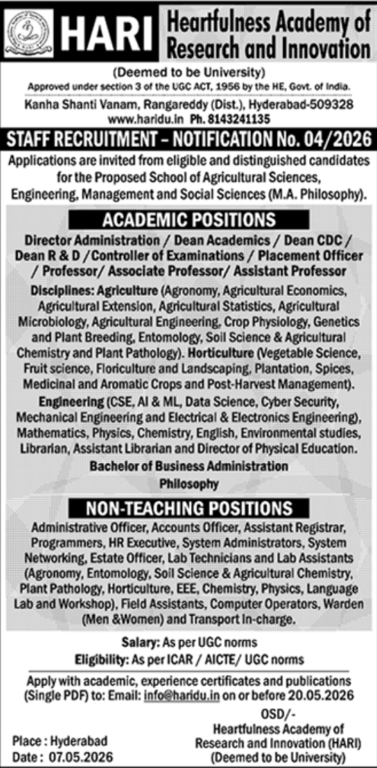 Hiring Professors and Administrative Staff at HARI