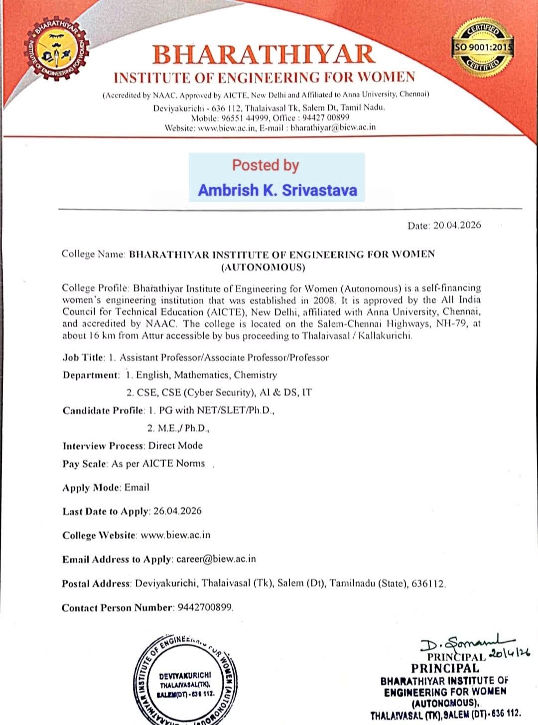 Hiring: Professors & Assistant Professors at Bharathiyar Institute of Engineering for Women