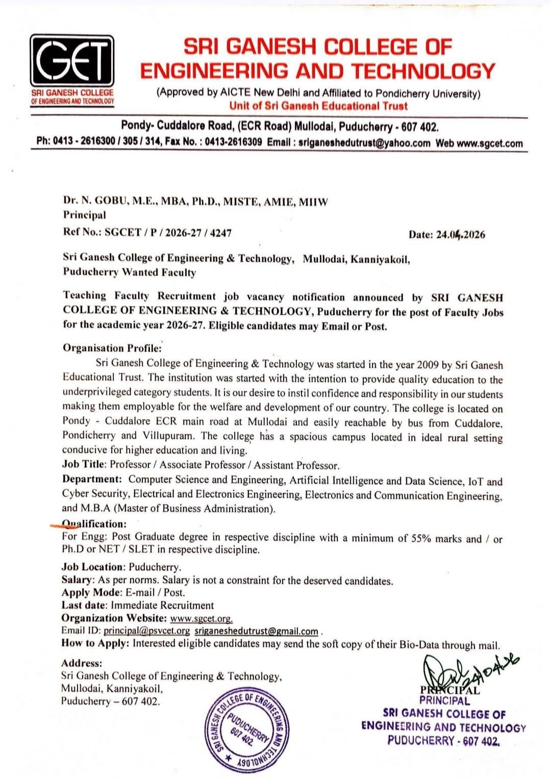 Hiring Professors, Associate & Assistant Professors at SGCET