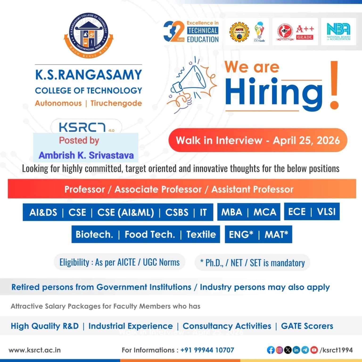 Hiring Professors, Associate & Assistant Professors - KSRCT