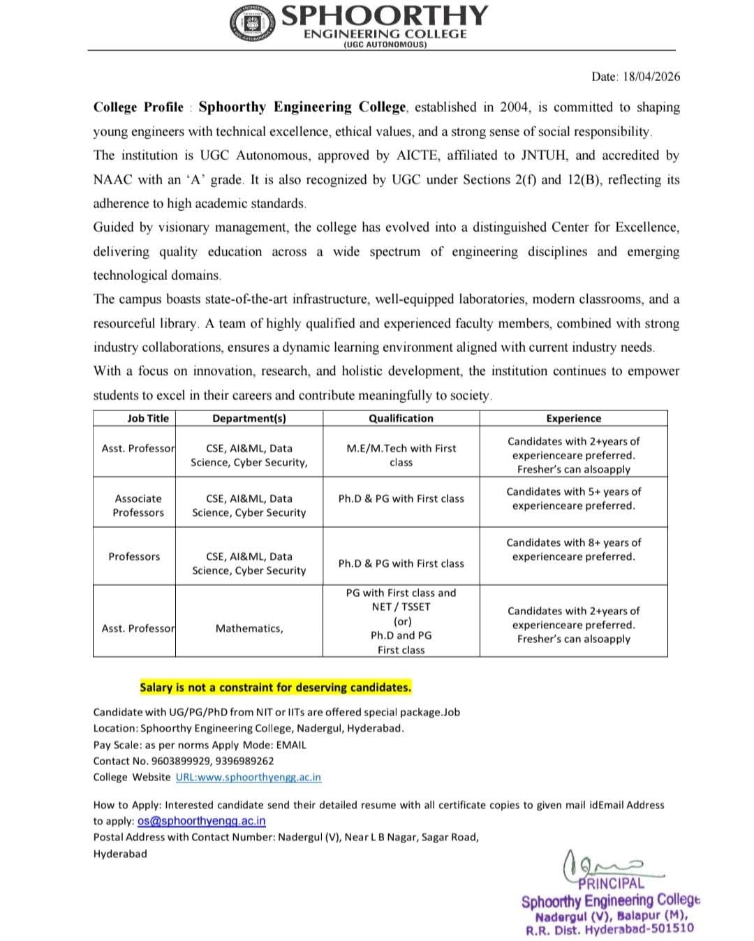 Hiring Professors, Associate & Assistant Professors - Sphoorthy Engineering College