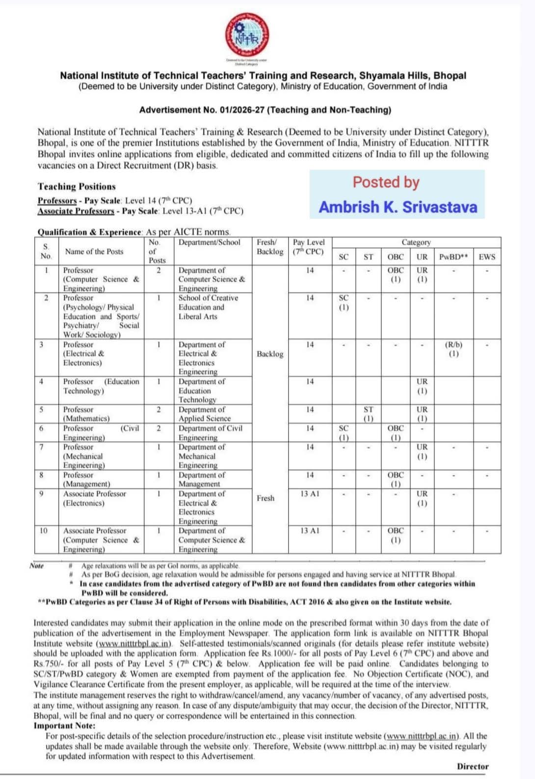 Hiring Professors & Associate Professors at NITTTR