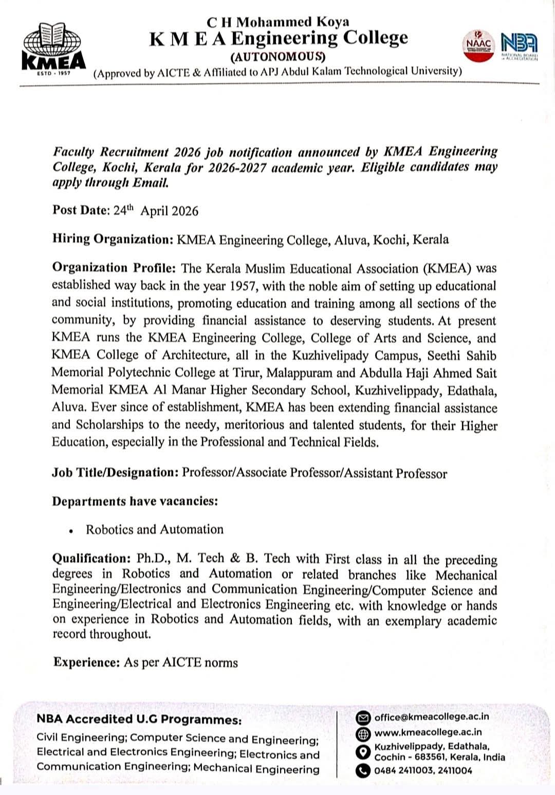 Hiring Professors in Robotics and Automation at KMEA Engineering College