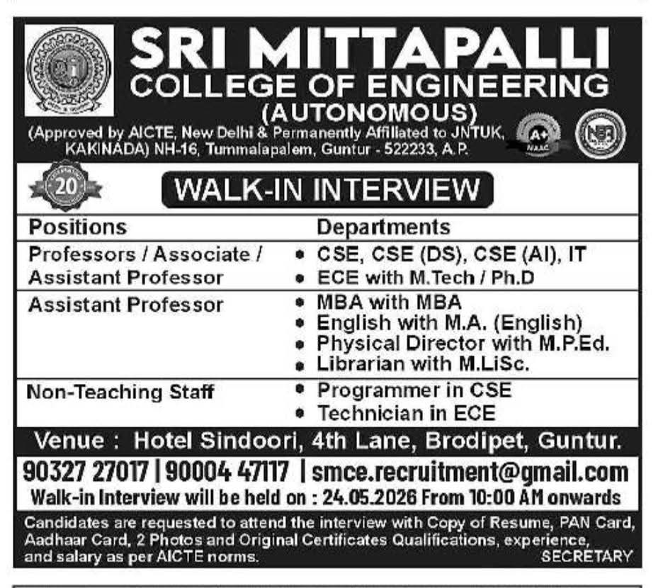 Hiring: Professors & Non-Teaching Staff at Sri Mittapalli College of Engineering