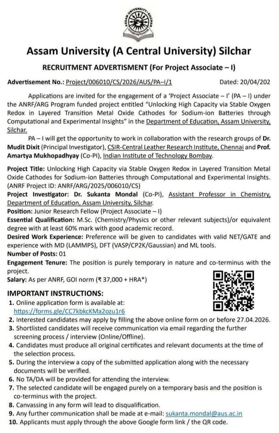 Hiring Project Associate at Assam University