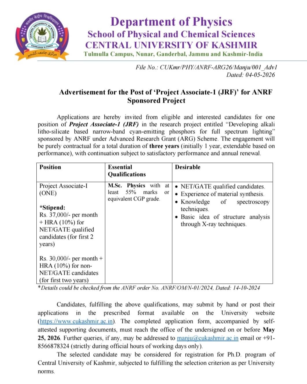 Hiring: Project Associate-I (JRF) at Central University of Kashmir
