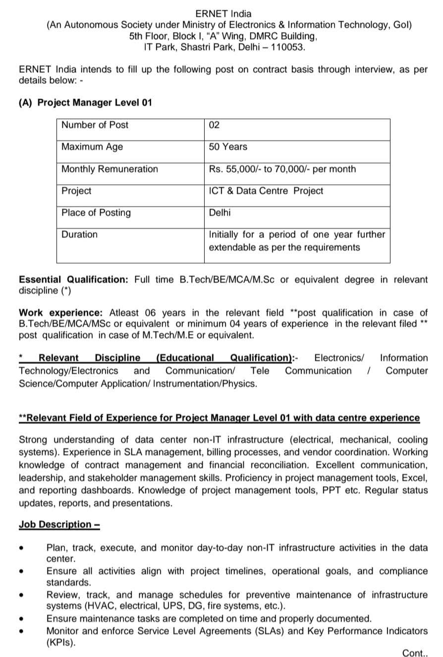 Hiring: Project Manager (Data Centre) At ERNET India