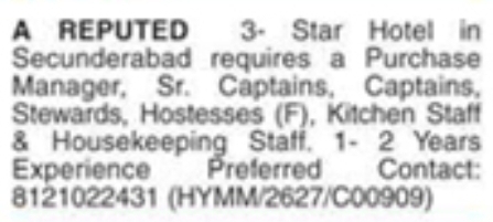 Hiring Purchase Manager & Kitchen Staff