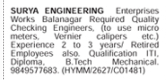 Hiring: Quality Checking Engineers at Surya Engineering