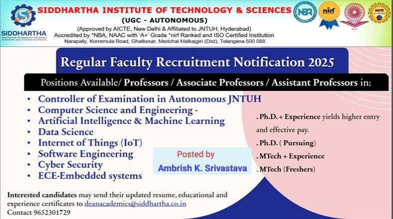 Hiring Regular Faculty at Siddhartha Institute of Technology & Sciences
