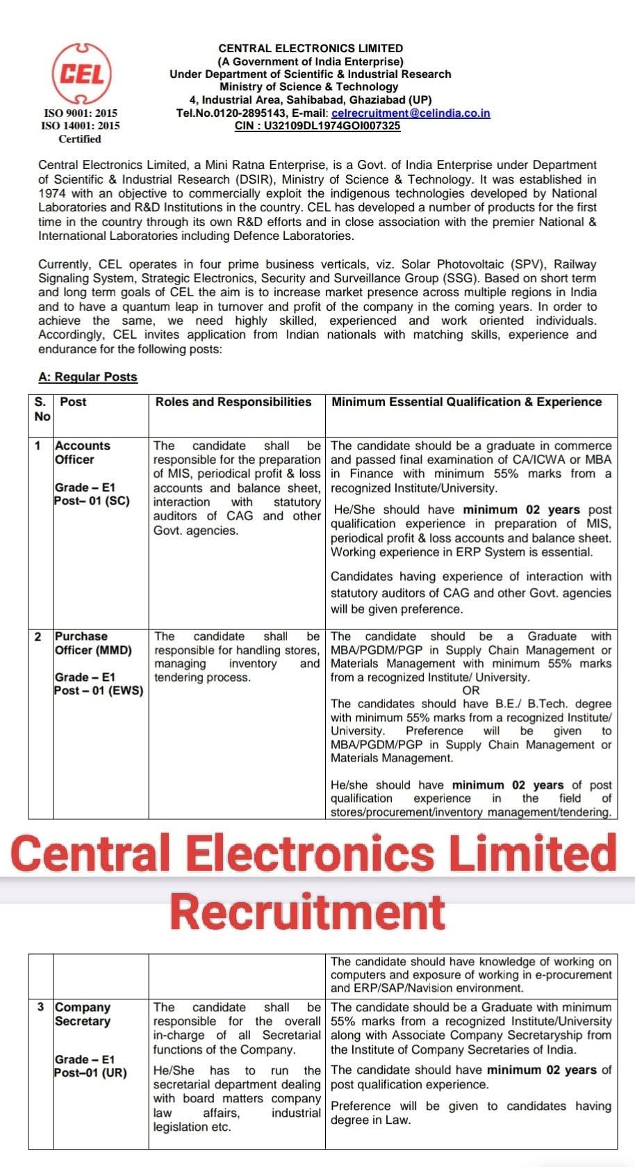 Hiring Regular Officers at CEL