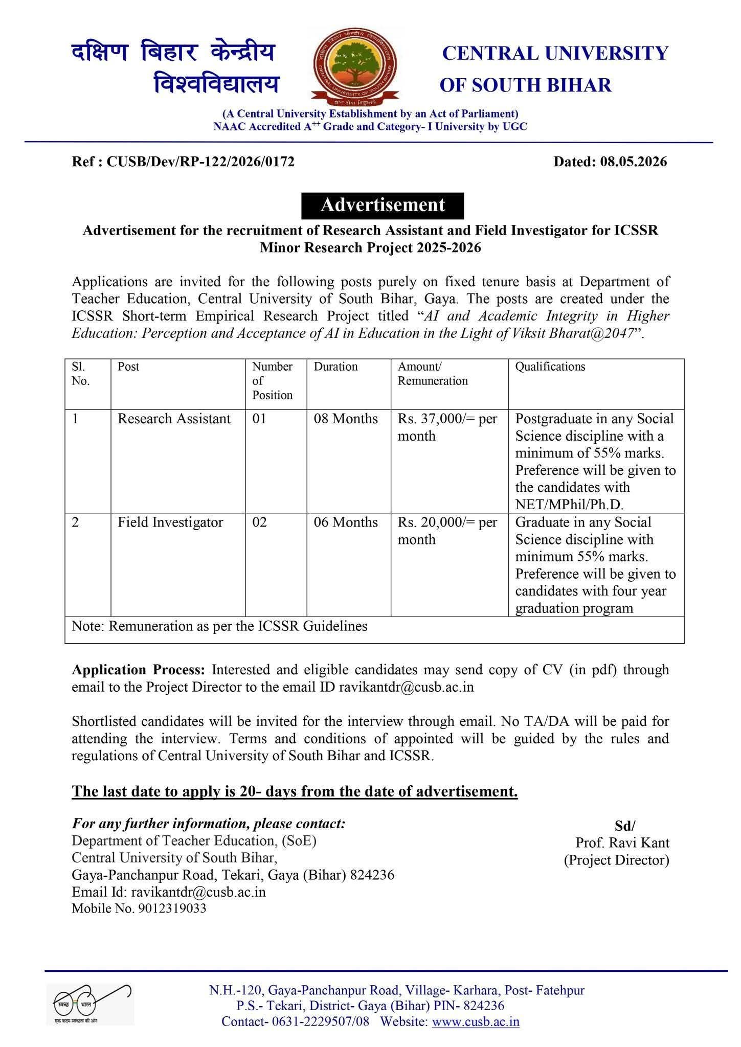 Hiring: Research Assistant & Field Investigator (Gaya, Bihar)