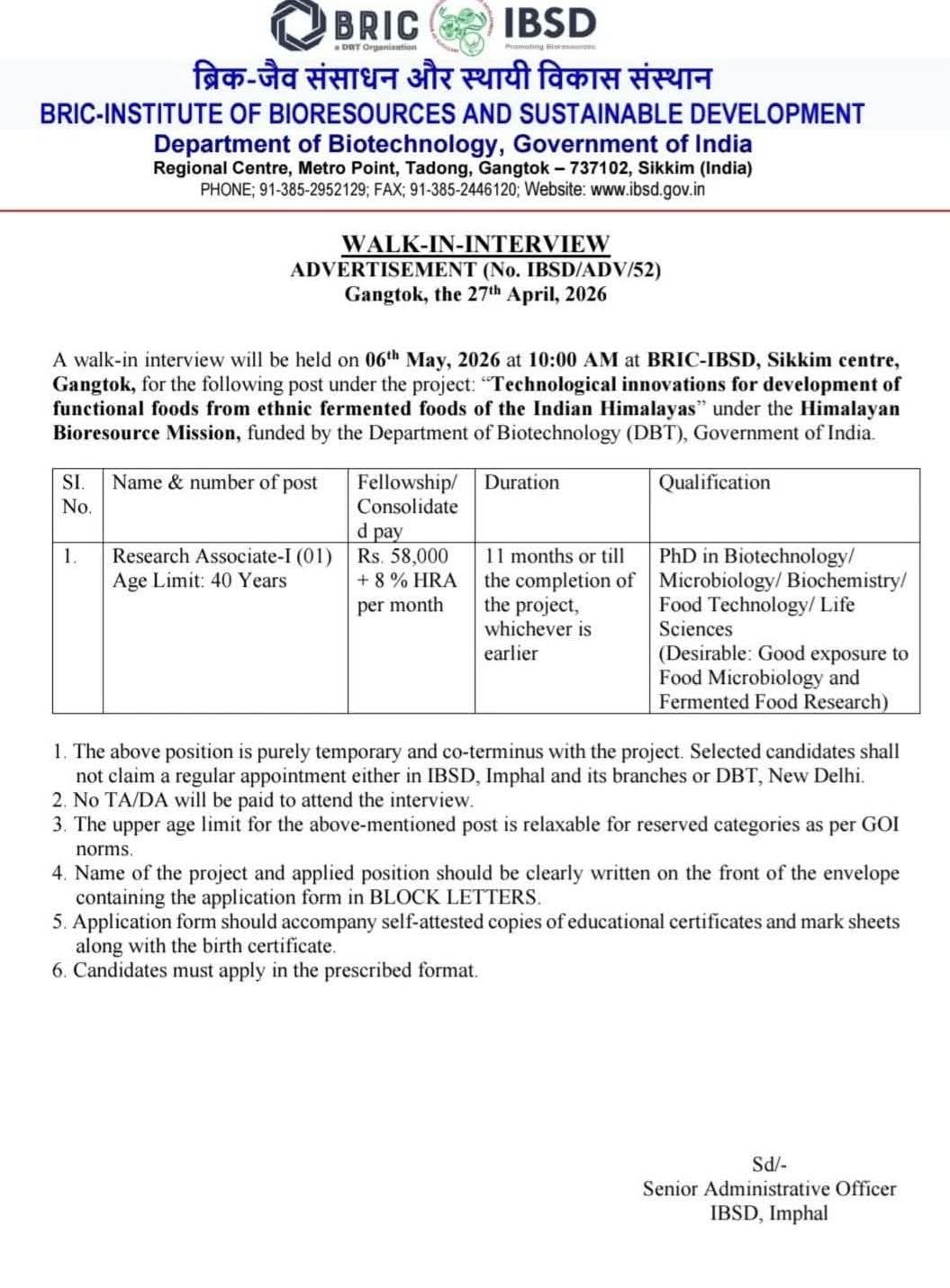Hiring Research Associate-I at BRIC-IBSD