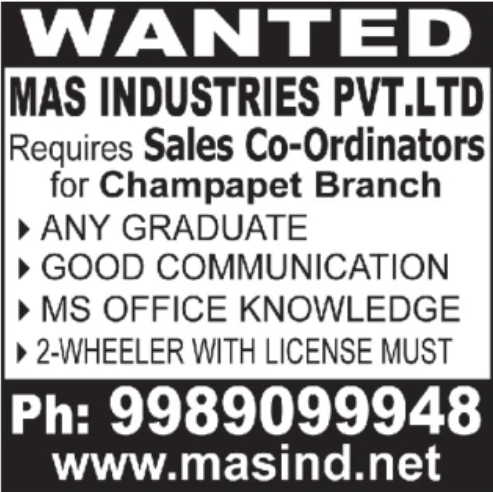 MAS Industries Pvt. Ltd Hiring Sales Co-ordinators