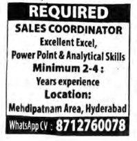 Hiring Sales Coordinator in Mehdipatnam