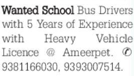 Hiring: School Bus Drivers in Ameerpet
