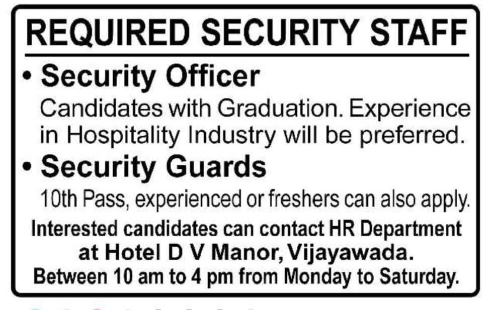 Hiring: Security Staff at Hotel D V Manor