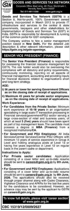 Hiring Senior Vice President (Finance) at GSTN